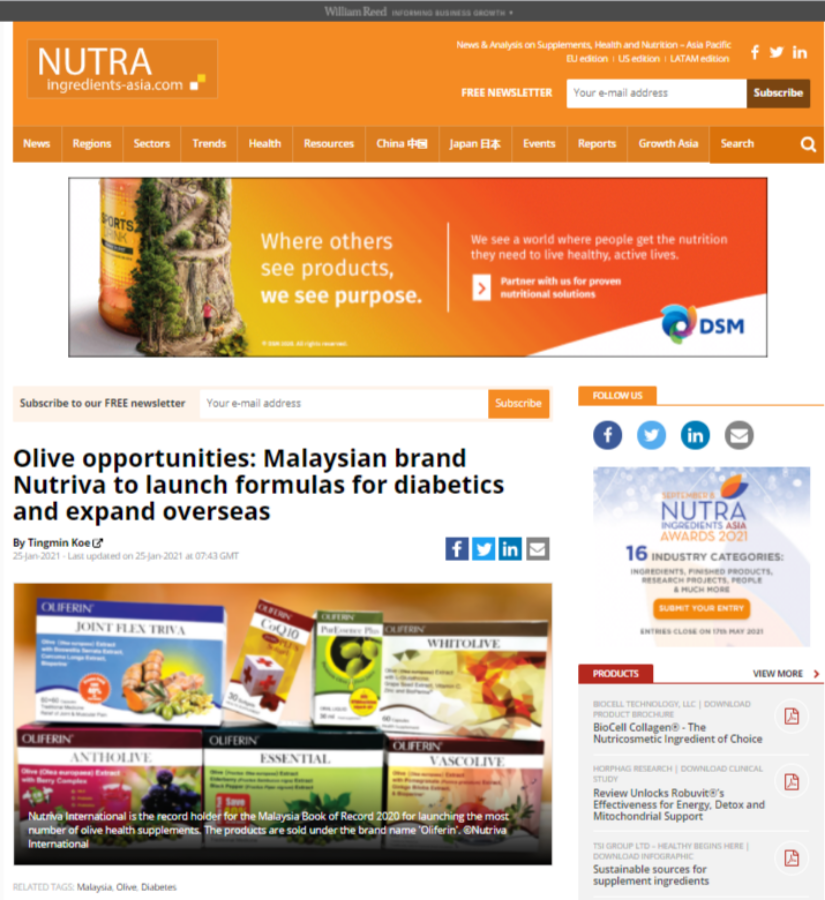 Olive opportunities: Malaysian brand Nutriva to launch formulas for diabetics and expand overseas